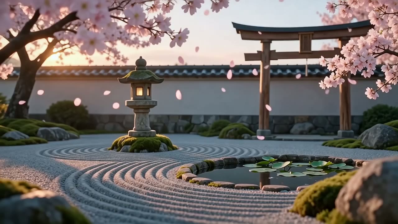 Cherry blossoms drifting through soft cinematic light